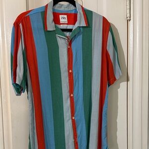 Zara Men's Multicolor Striped Button-Down Shirt